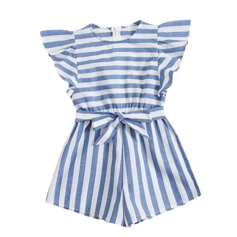 Ins Cotton And Linen Striped Fly Sleeves Belt Bodysuit Shorts