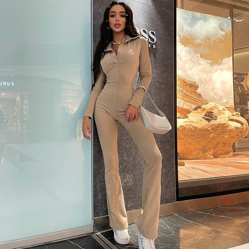 Lapel Long Sleeves Slimming Casual Wide-leg Pants Jumpsuit