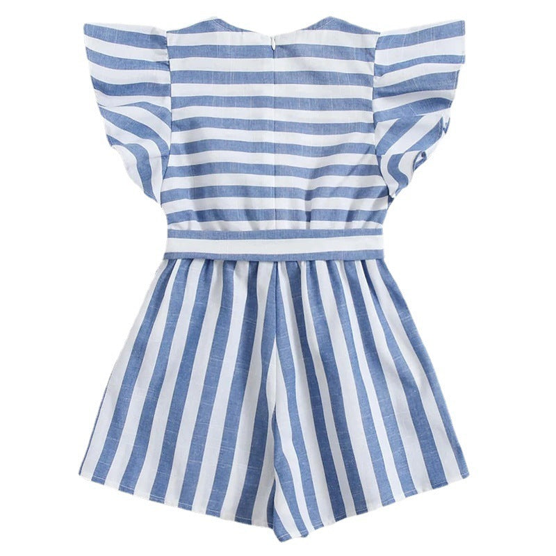 Ins Cotton And Linen Striped Fly Sleeves Belt Bodysuit Shorts