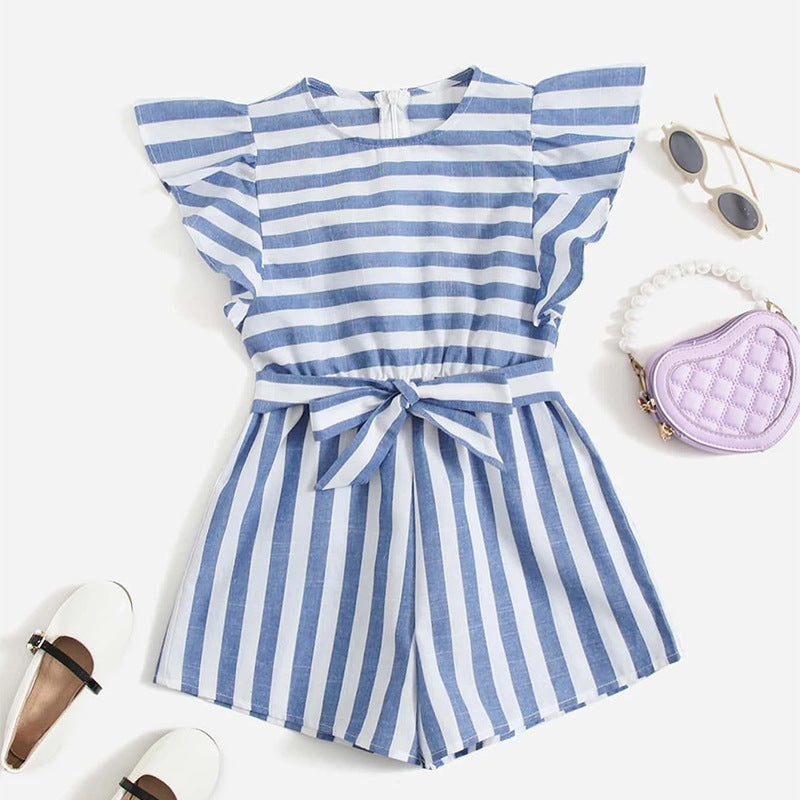 Ins Cotton And Linen Striped Fly Sleeves Belt Bodysuit Shorts