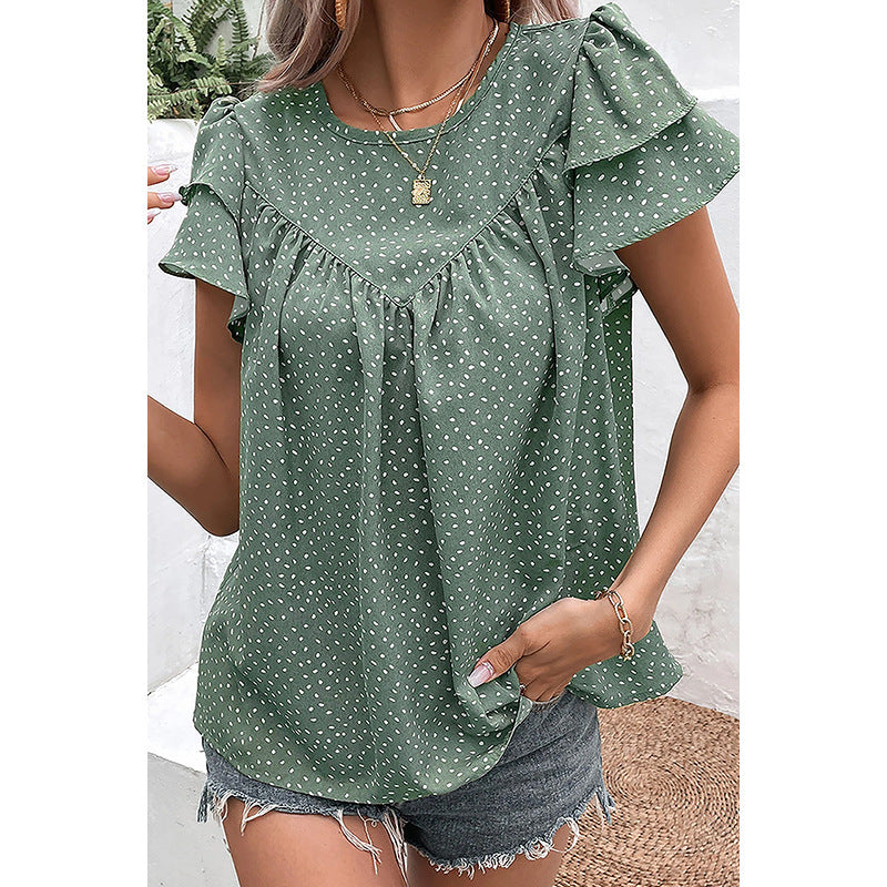 Layered Ruffled Short Sleeves T-shirt European And American Fashion Retro Dots