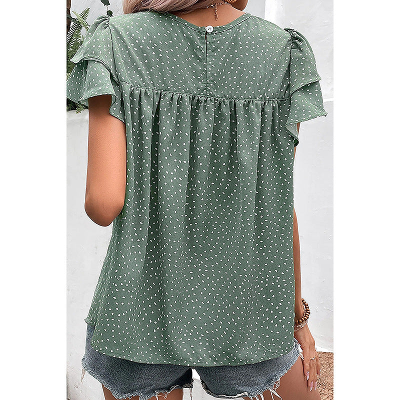 Layered Ruffled Short Sleeves T-shirt European And American Fashion Retro Dots