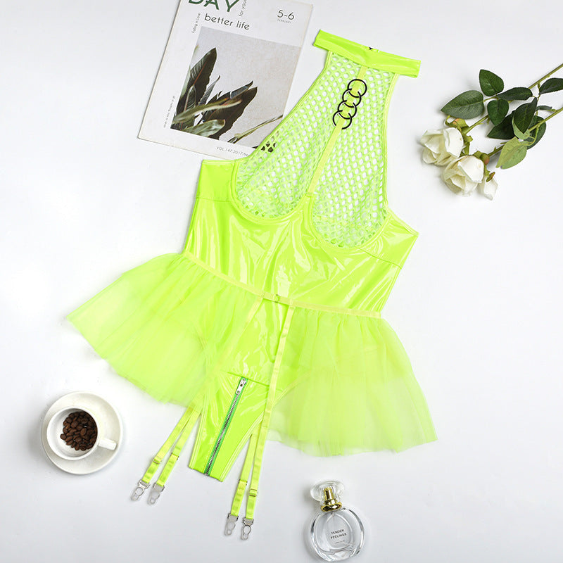 PU Patent Leather Mesh Joint Halter Underwear Mesh Jumpsuit