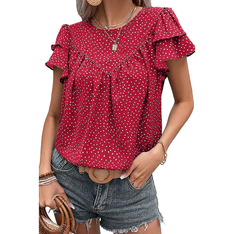 Layered Ruffled Short Sleeves T-shirt European And American Fashion Retro Dots