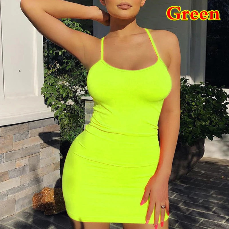 Sexy Spaghetti Strap Camisole Mini Dress Women Bodycon Club Party Dresses Summer New Solid Color Sundress