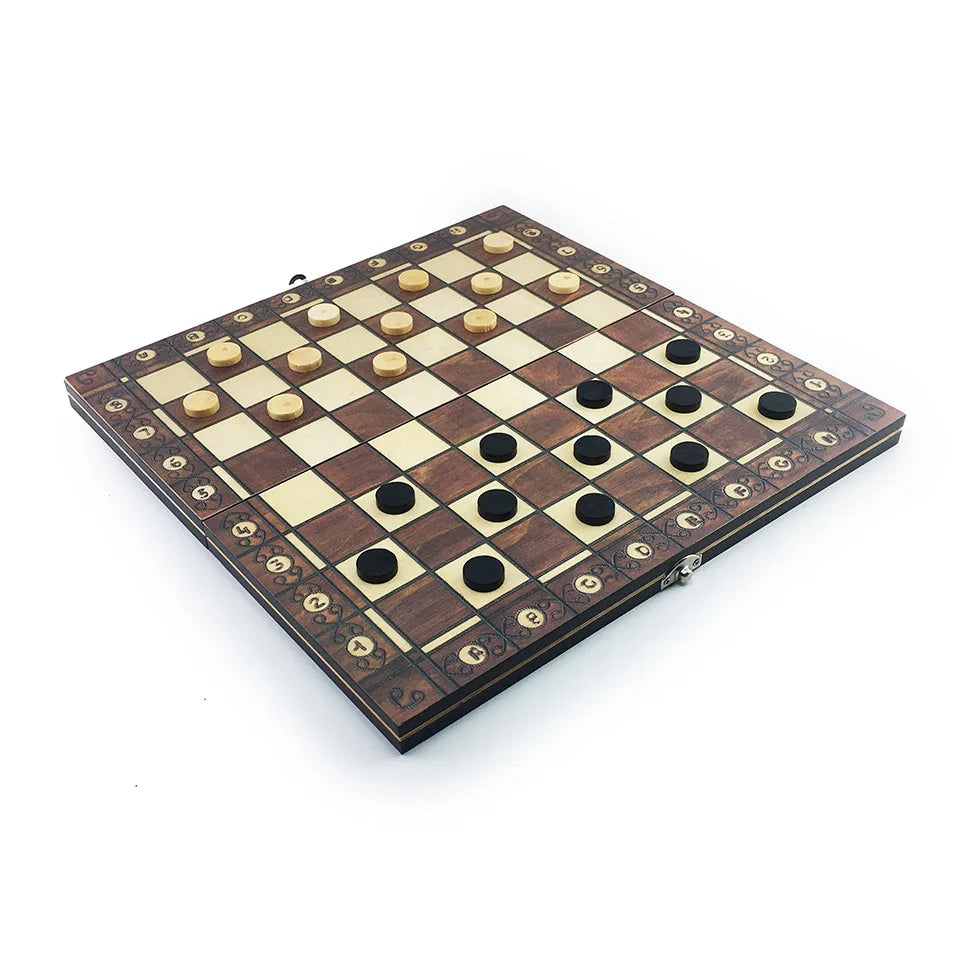 Chesse International Chess Game Super Checkers 3 in 1 Chess Wooden Travel Chess Set Folding Chessboard Backgammon