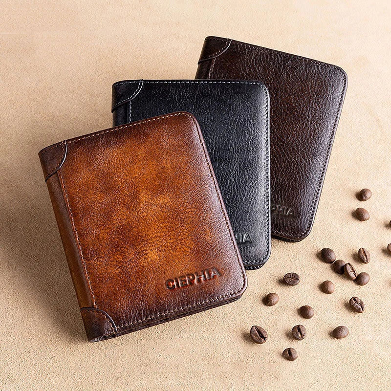 Genuine Leather Rfid Protection Wallets for Men Vintage Thin Short Multi Function ID Credit Card Holder Money Bag