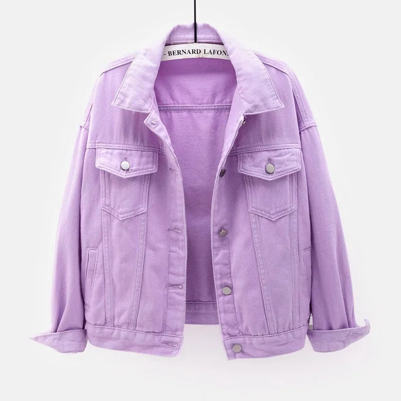 Women's Denim Jacket Spring Autumn Short Coat Pink Jean Jackets Casual Tops Purple Yellow White Loose Tops Lady Outerwear KW02
