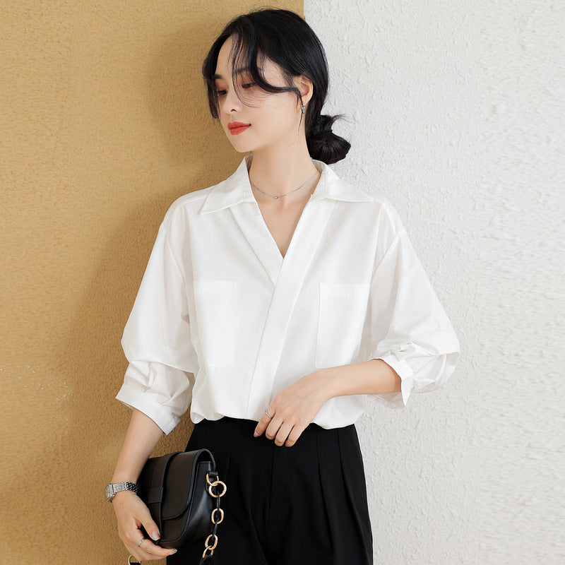 French Style Three-quarter Sleeve Loose Thin Lapel Shirt