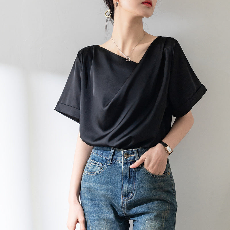 French Sexy V-neck Short-sleeved Shirt Women's Design Niche Temperament Drape Chiffon Shirt