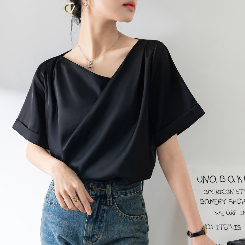 French Sexy V-neck Short-sleeved Shirt Women's Design Niche Temperament Drape Chiffon Shirt