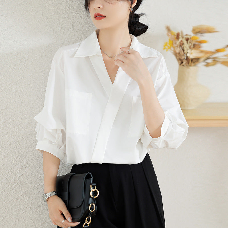 French Style Three-quarter Sleeve Loose Thin Lapel Shirt