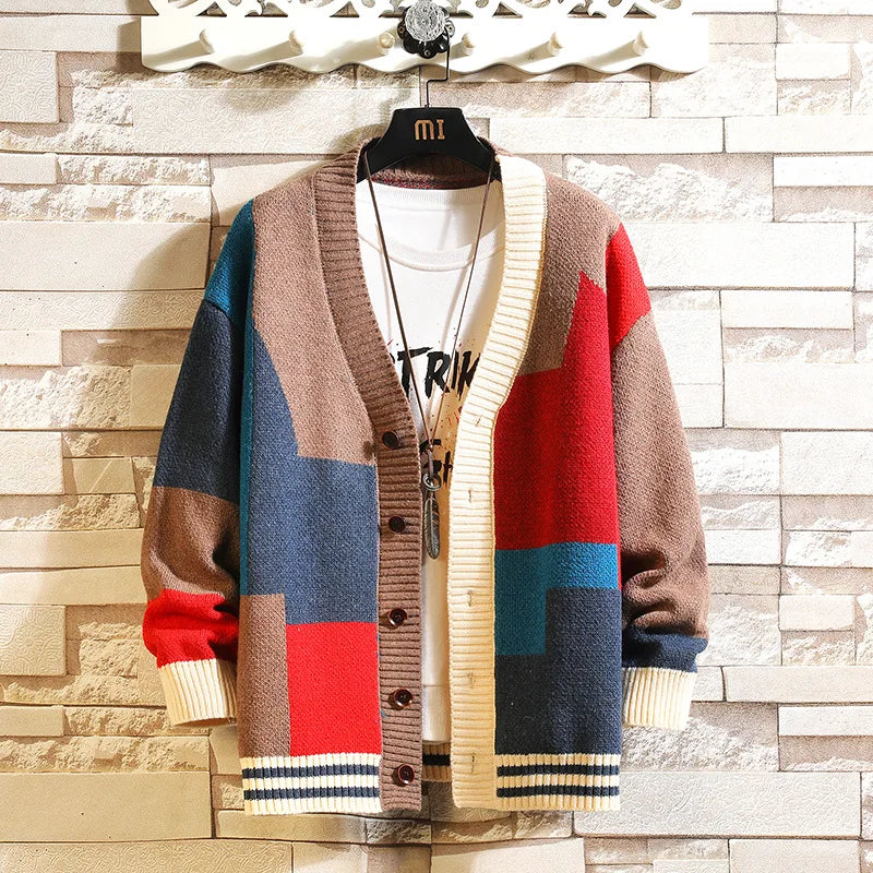Ugly Christmas Sweater Vintage Cardigan Oversized Sweaters Plaid Knitted Pullover Hip Hop Streetwear Men's Wear V-neck Coats