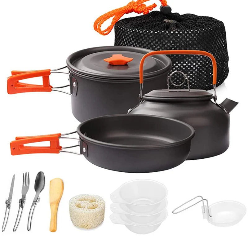 Camping Cooking Utensils Outdoor Aluminum Tableware Set Kettle  Pans Pots Hiking Picnic Travelling Tourist Supplies Equipment