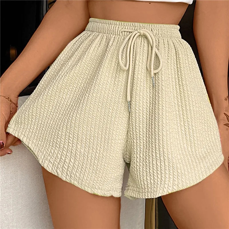 Women Shorts Summer High Elastic Lace Up Drawstring Wide Leg Sweat Fitness Running Shorts Loose Casual Large Sports Pants