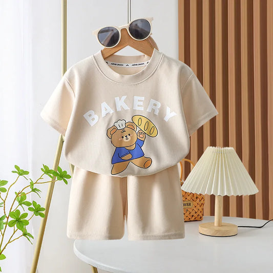 2 3 4 5 6Years Tshirt+Shorts kids Printed Round Neck Set Casual Cute Bear Printed Short Sleeve Tracksuits Brand Summer Clothing