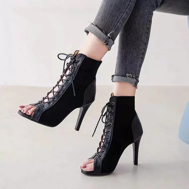 Lace-Up Sandals Heels 9CM Women's Shoes Summer 2022 Trend Black Sexy Peep Toe Boots Fashion Cloth Stilettos Jazz Dance Female