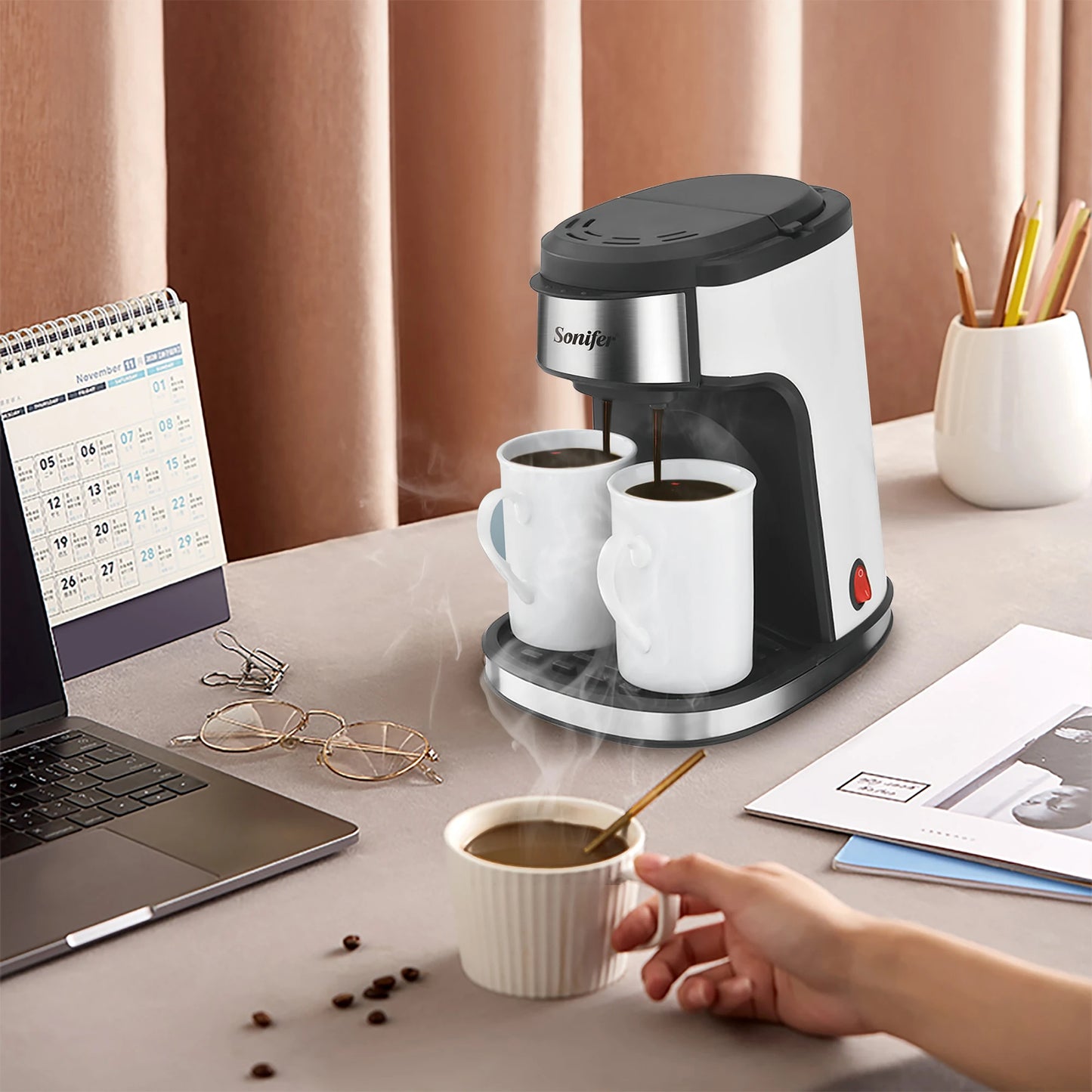 American Drip Coffee Machine Kitchen Appliances Dripping Coffee Maker Automatic Brew Tea Powder Milk Ceramic Double Cup Sonifer