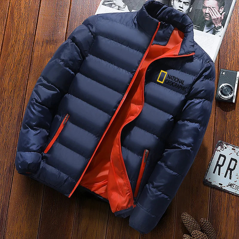 Men's brand printed warm cotton jacket stand collar stitched jacket casual sports jacket jacket winter men's wear