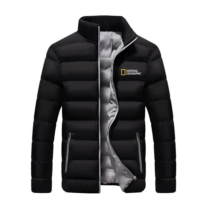 Men's brand printed warm cotton jacket stand collar stitched jacket casual sports jacket jacket winter men's wear