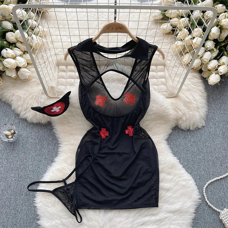 Women Night Dress Sleeveless Backless Porno Pajamas Floral Lace Erotic Nightwears+Thongs Satin Sexy Short Transparent Dresses