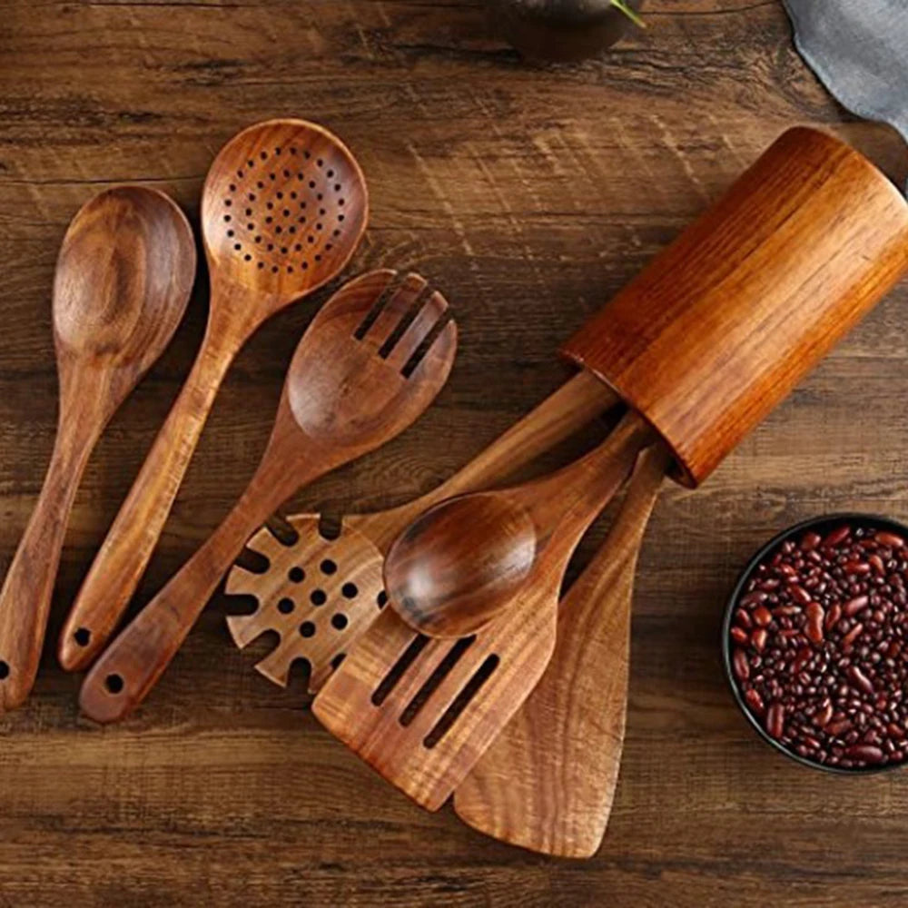 Wooden Kitchen Utensils Set, Wooden Spoons for Cooking Natural Teak Wood Non Stick Pots Kitchen Spatula Set for Cooking Gift