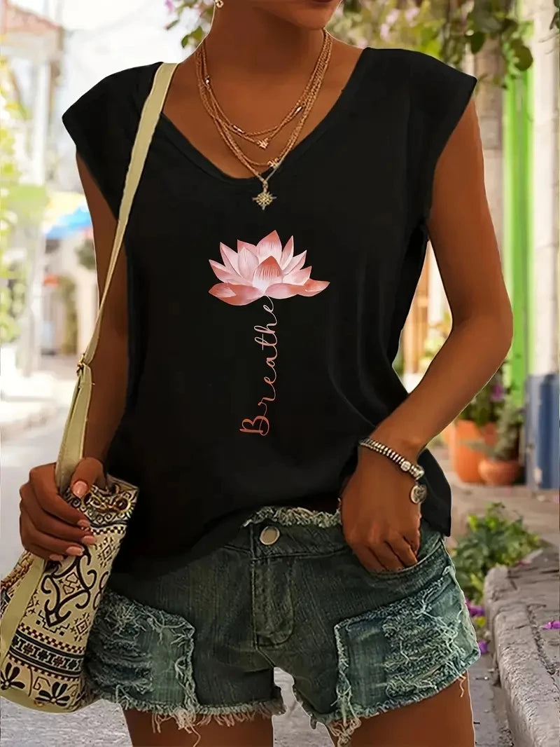 2024 Fashion Sunflower Print V Neck Tank Top, Casual Sleeveless Tank Top for Summer, Women's Clothing Large Size Tank Tops