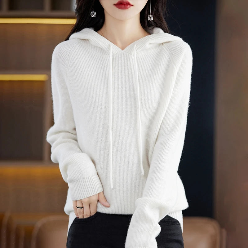 2023 New Cashmere hooded sweater Women Long Sleeve Autumn and Winter Knit hooded Pullover Solid Color Cashmere Base