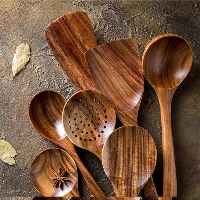 7Pcs Thailand Teak Cooking Spoon Natural Wooden Kitchen Tableware Tool Ladle Turner Rice Colander Soup Skimmer Scoop Utensils