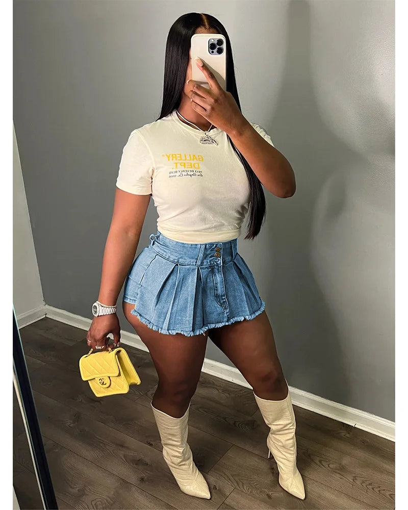 FAGADOER Fashion Y2K Cute Pleated Denim Skirts Women High Waisted Button Mini Shorts Skirts Summer New Retro Matching Bottoms