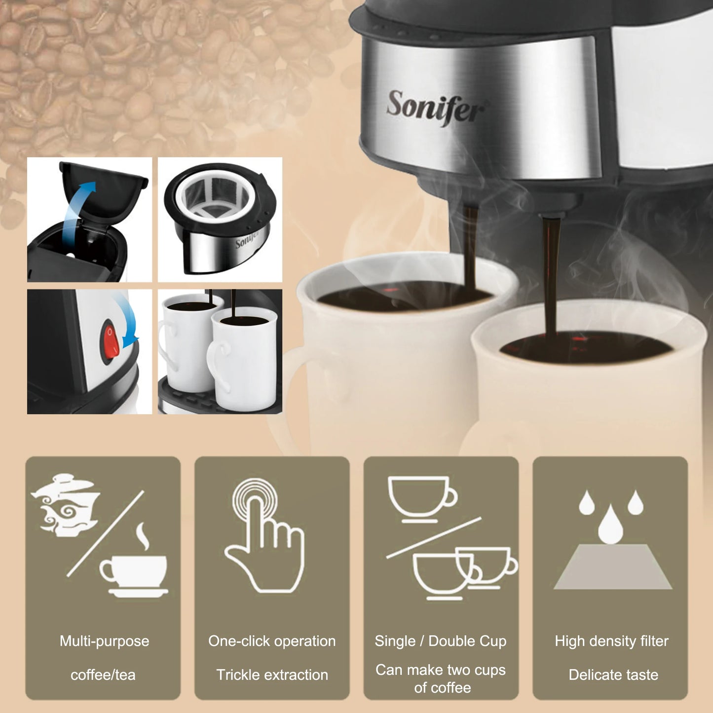 American Drip Coffee Machine Kitchen Appliances Dripping Coffee Maker Automatic Brew Tea Powder Milk Ceramic Double Cup Sonifer