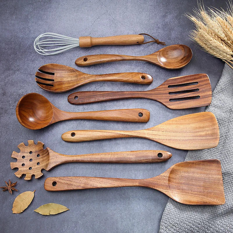 Wooden Kitchen Utensils Set, Wooden Spoons for Cooking Natural Teak Wood Non Stick Pots Kitchen Spatula Set for Cooking Gift