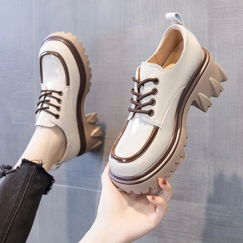 Autumn British Style College Small Leather Shoes Women's Thick Bottom Patent Lace-up Loafers Retro Single Shoes Women's Shoes