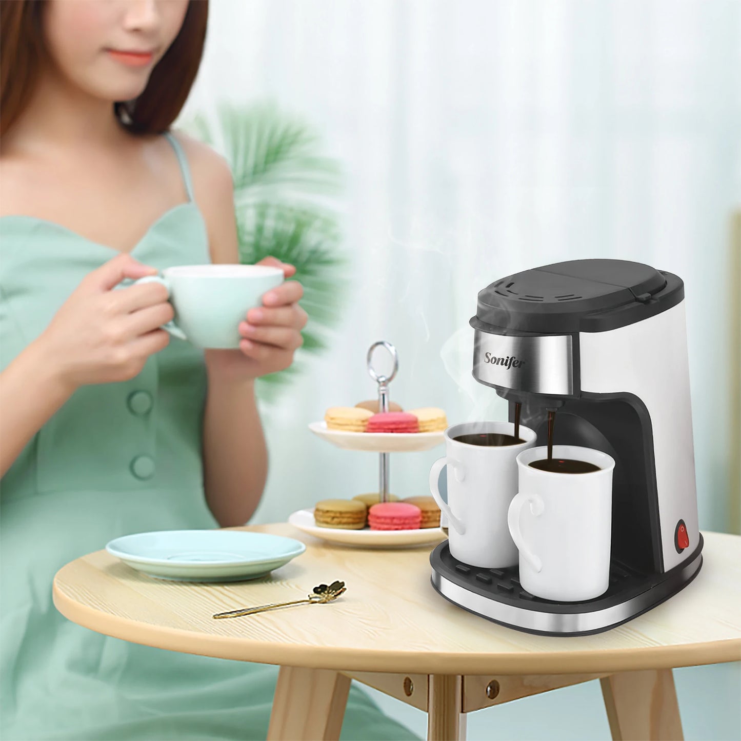 American Drip Coffee Machine Kitchen Appliances Dripping Coffee Maker Automatic Brew Tea Powder Milk Ceramic Double Cup Sonifer