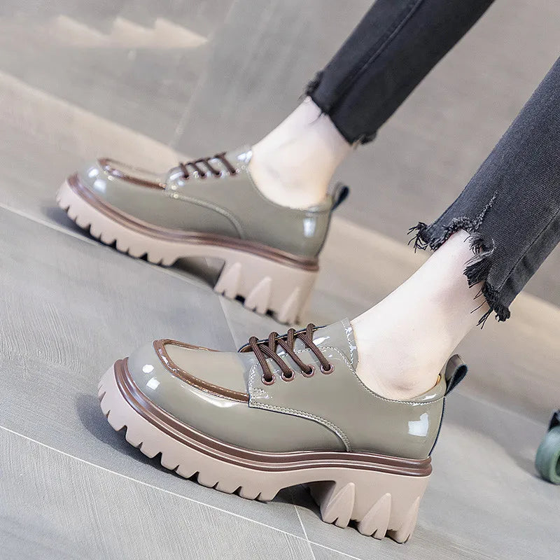 Autumn British Style College Small Leather Shoes Women's Thick Bottom Patent Lace-up Loafers Retro Single Shoes Women's Shoes