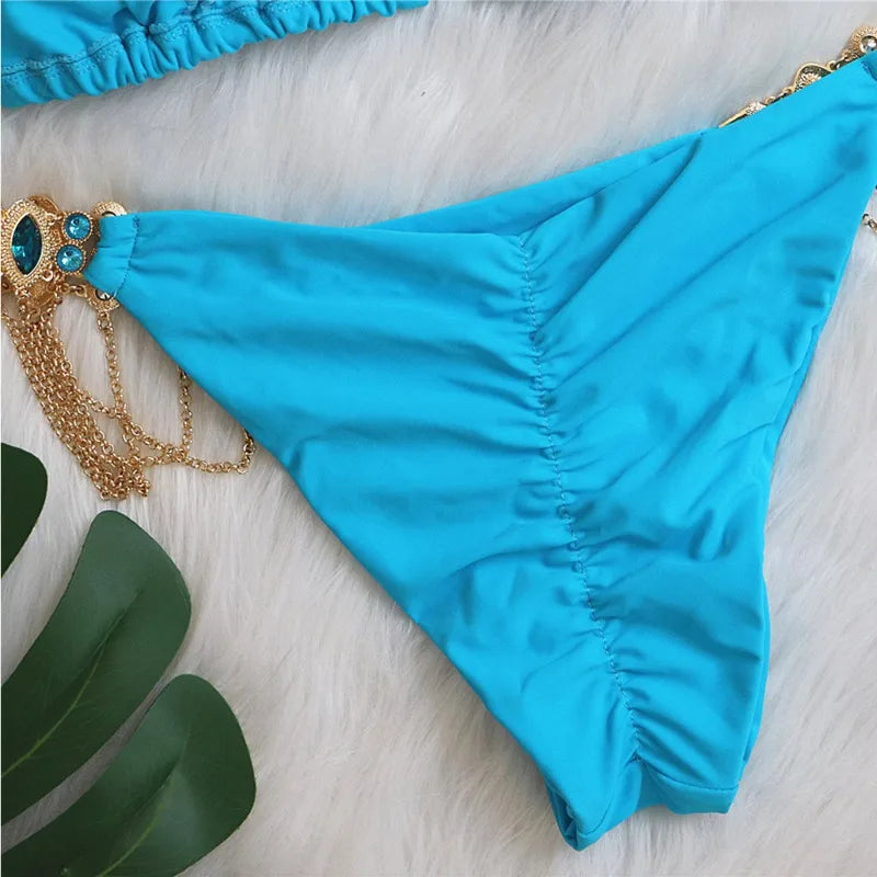 Sky Blue Sexy Bikinis Swimsuit With Rhinestones Women Swimwear Female Push Up Bikini Beach Swim Wear Bathing Suits Pool Bather