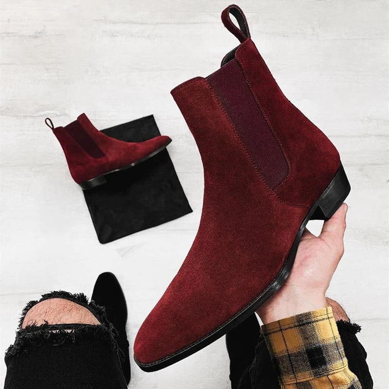 Chelsea Boots Men Handmade Business Black Red Slip on Flock Pu Cowboy Boots Sapato Masculino  Men Boots