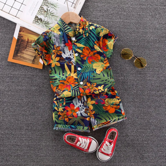 1-6 Year Baby Boys Floral Printed Clothes Set Summer Girl Short Sleeve Children's Shirt Top+Pants 2Pcs Kids Holiday Beach Outfit