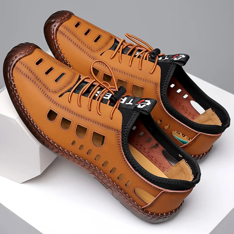 Men's Soft Leather 2024 Summer Men Leather Sandals Breathable Non-slip Cow Tendon Sole Casual Leather Shoes Outdoor Beach Shoes
