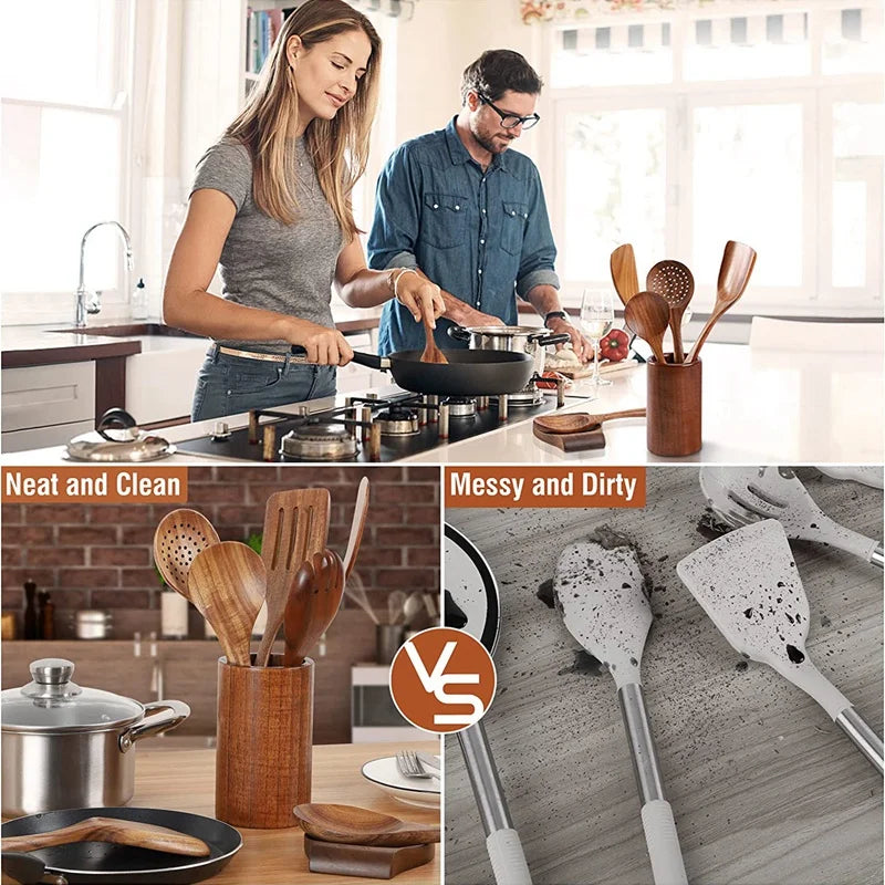 9 PCS Wooden Spoons For Cooking, Wooden Utensils For Cooking With Utensils Holder, Teak Wooden Kitchen Utensils Set