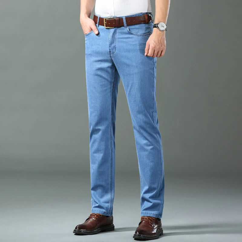 Spring/summer Thin Denim Straight Cotton Stretch Jeans Men Business Casual Cloth  High Waist Ice Silk  Lightweight Trousers
