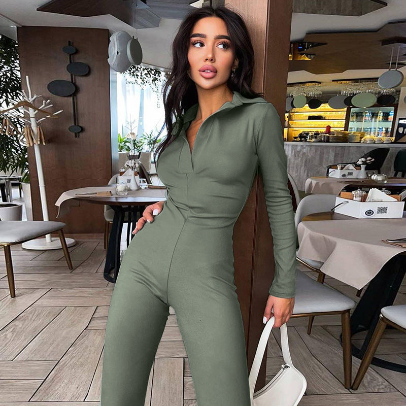 Lapel Long Sleeves Slimming Casual Wide-leg Pants Jumpsuit