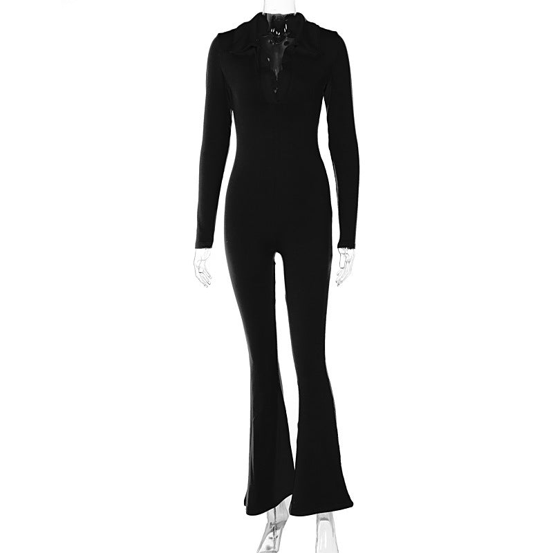 Lapel Long Sleeves Slimming Casual Wide-leg Pants Jumpsuit