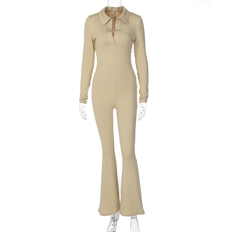 Lapel Long Sleeves Slimming Casual Wide-leg Pants Jumpsuit