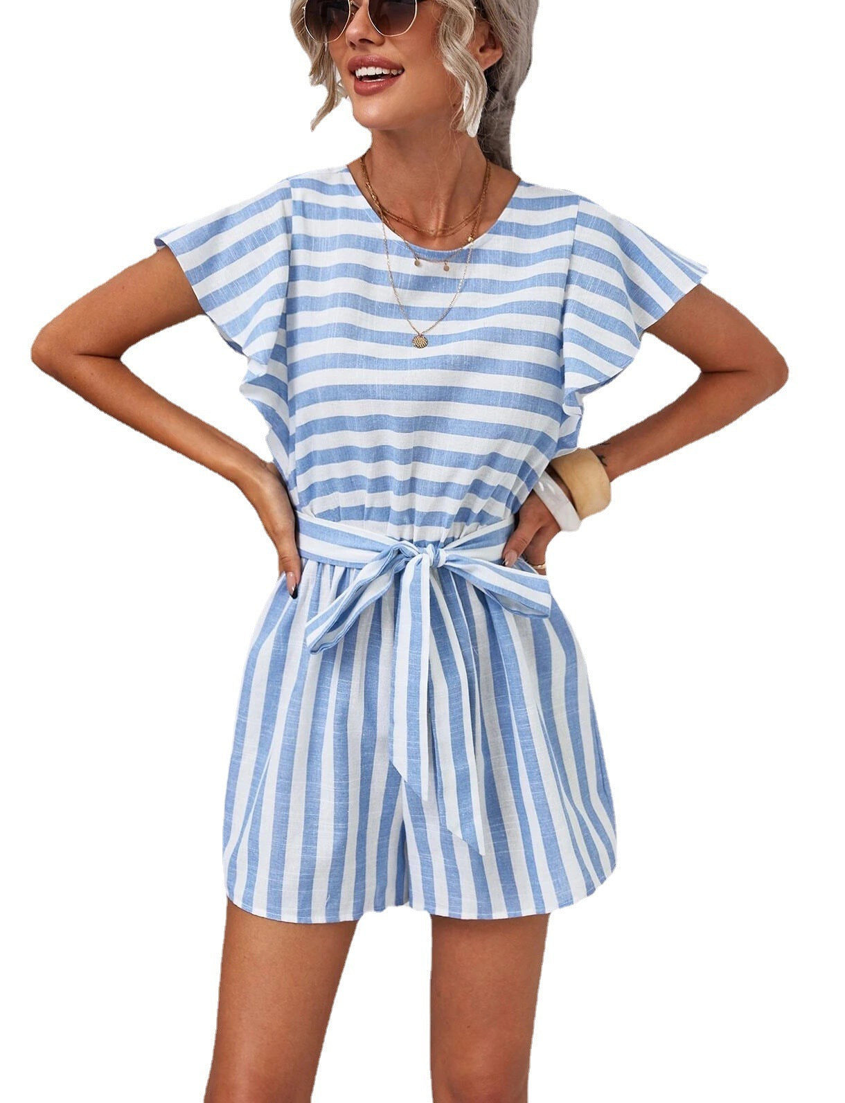 Ins Cotton And Linen Striped Fly Sleeves Belt Bodysuit Shorts