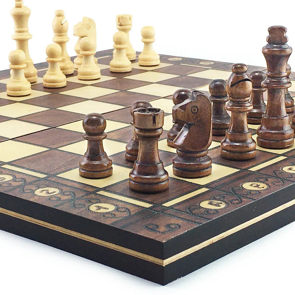Chesse International Chess Game Super Checkers 3 in 1 Chess Wooden Travel Chess Set Folding Chessboard Backgammon