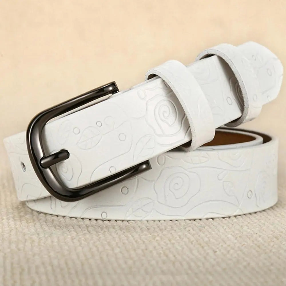 Fashion Design Floral Pattern Rose Red Genuine Leather Female Belt Women's Pin Buckle Metal Belts 28mm Wide 2023 FCO082