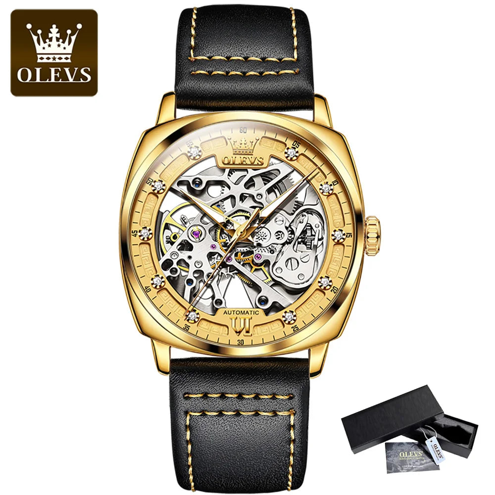 OLEVS Men's Automatic Mechanical Watch Leather Strap Skeleton Dial Waterproof Luminous Fashion Business Wristwatch Reloj Hombre
