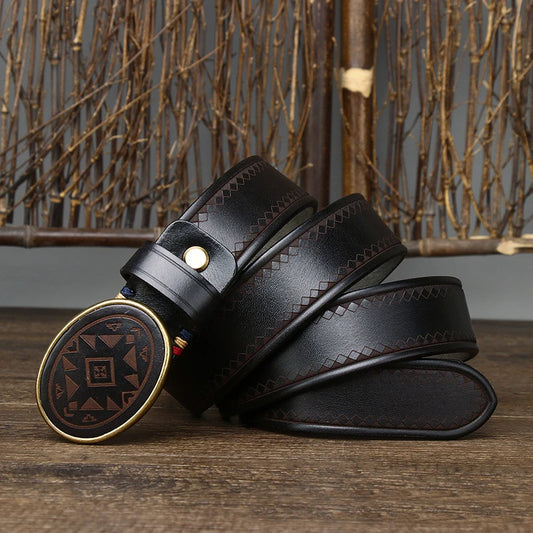 3.8cm Width Thick Men Retro Genuine Leather Belts Copper Smooth Buckle Cowhide Business Belt High Quality Male Waistband