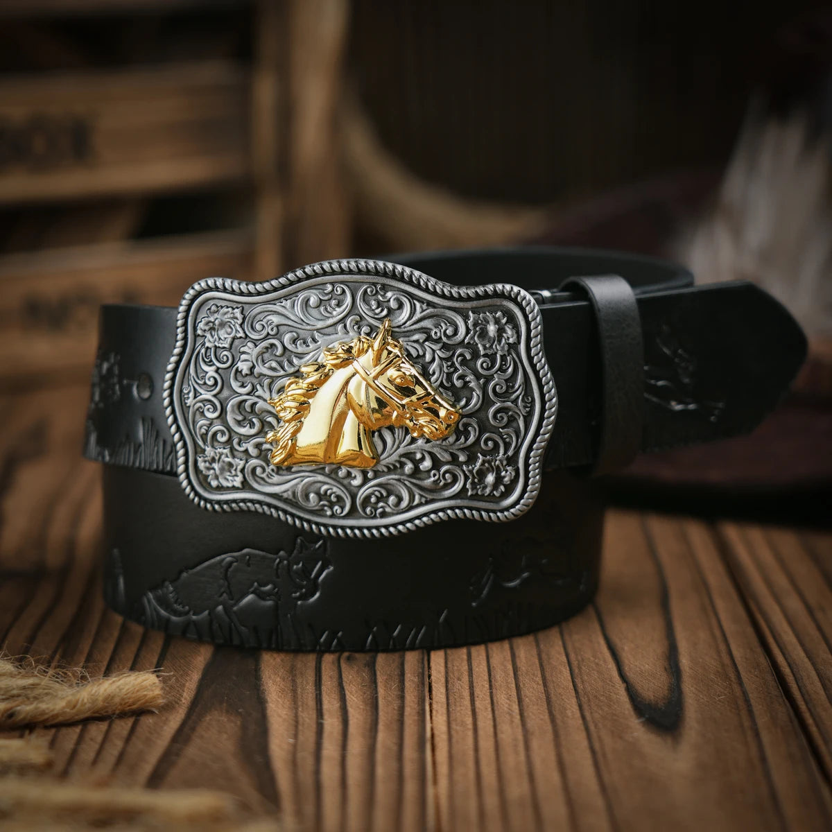 Western Cowboy Leather Buckle Belts Horse Pattern Floral Engraved Buckle Belt for Men